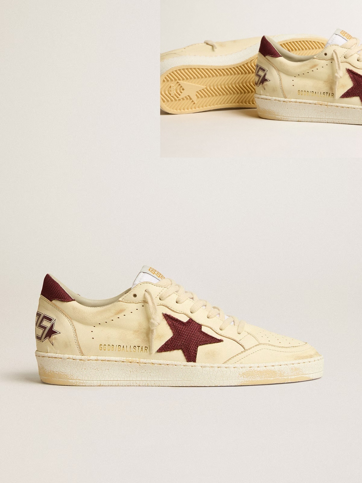 Golden Goose GGDB Men's Ball Star in beige nappa with burgundy mesh star and heel tab