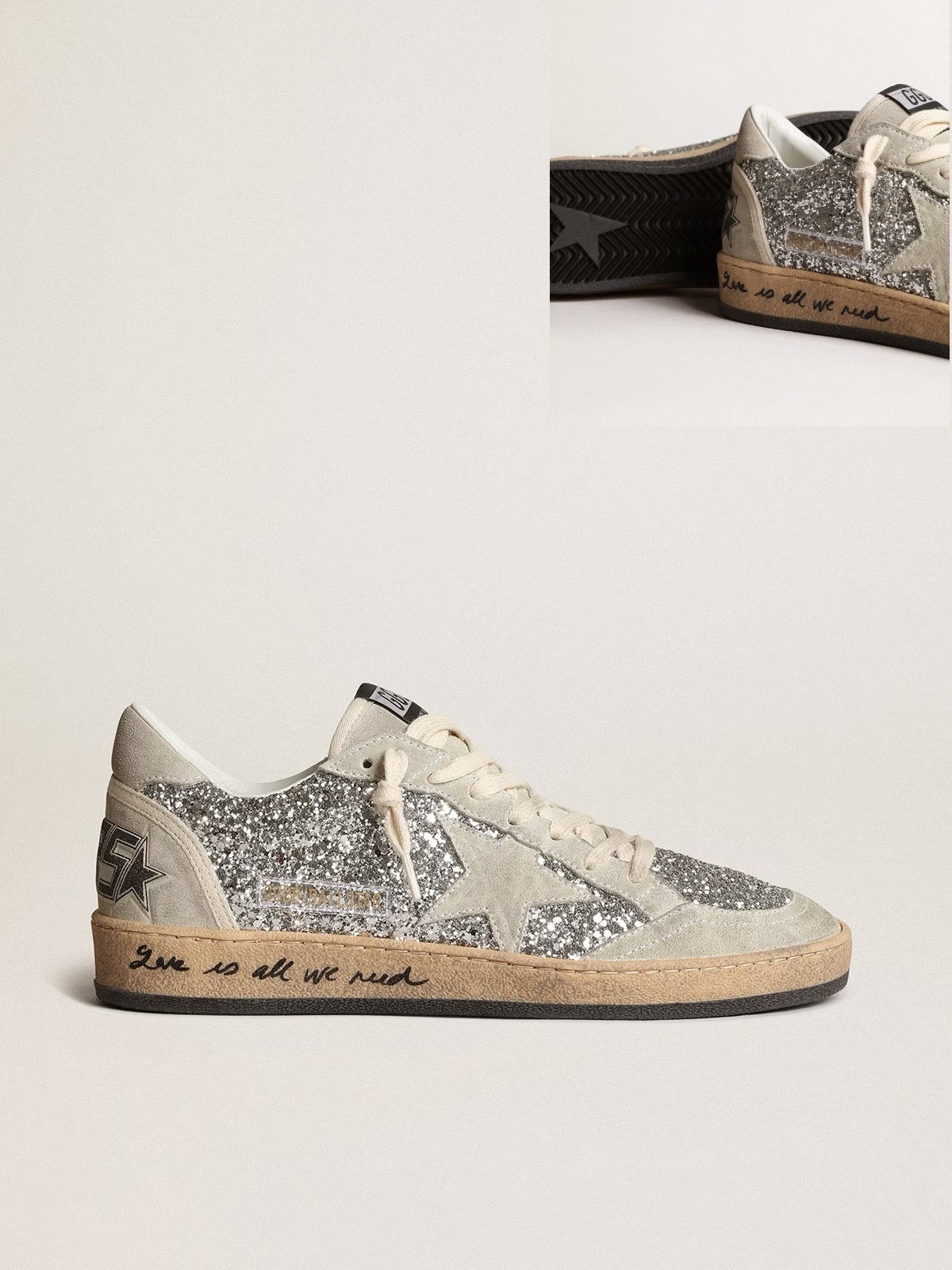 Golden Goose GGDB Ball Star in silver glitter with ice-gray suede inserts
