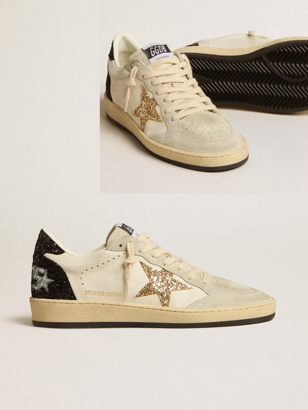 Golden Goose GGDB Ball Star in black nappa leather with black glitter star and suede heel tab