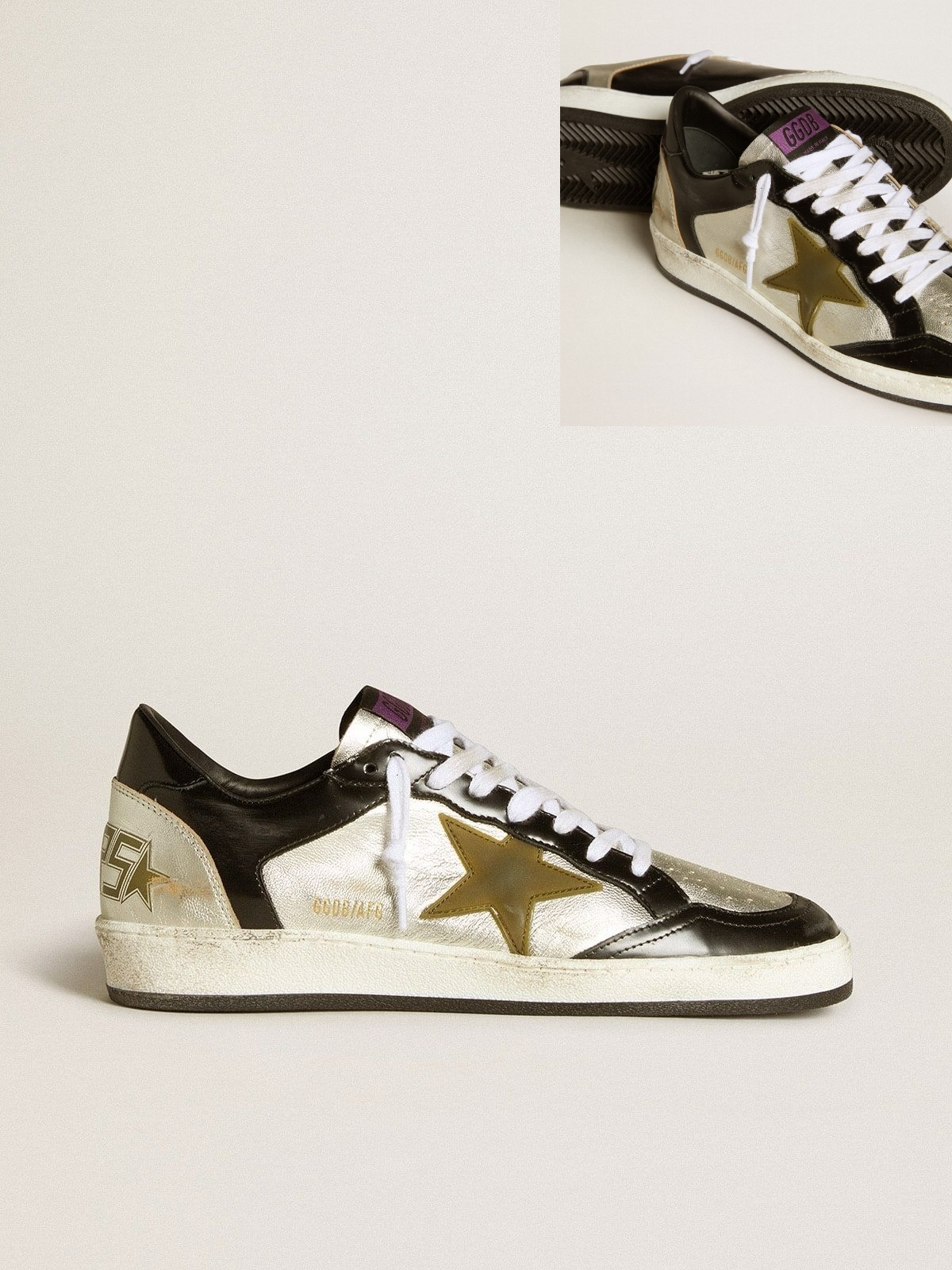 Golden Goose GGDB Women's Ball Star LAB in silver leather with brown leather star and black heel tab