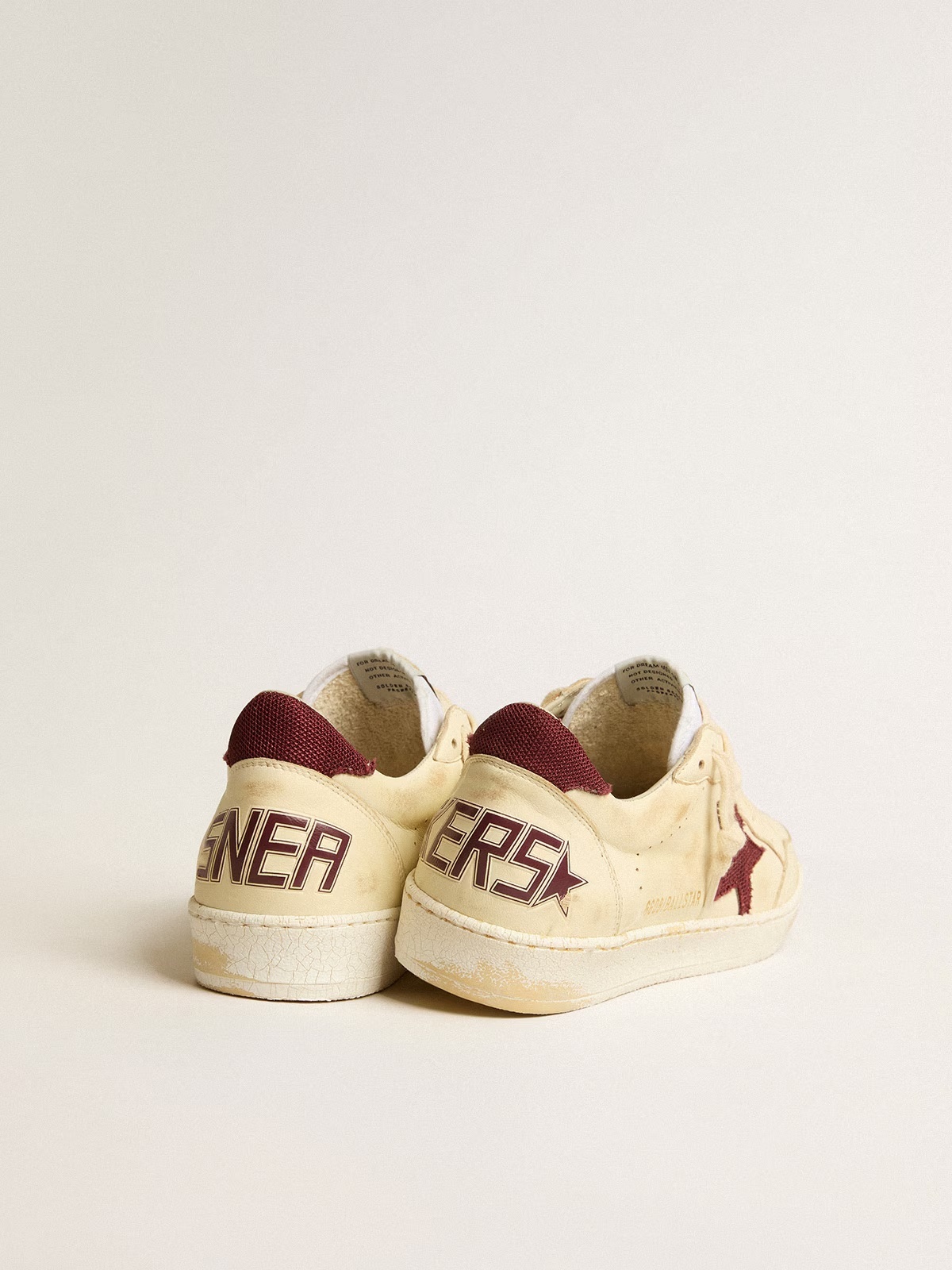 Golden Goose GGDB Men's Ball Star in beige nappa with burgundy mesh star and heel tab