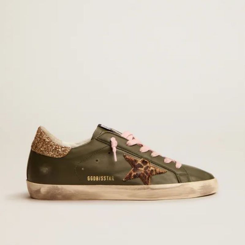 Golden Goose GGDB Super-Star sneakers in dark green leather with gold glitter heel tab