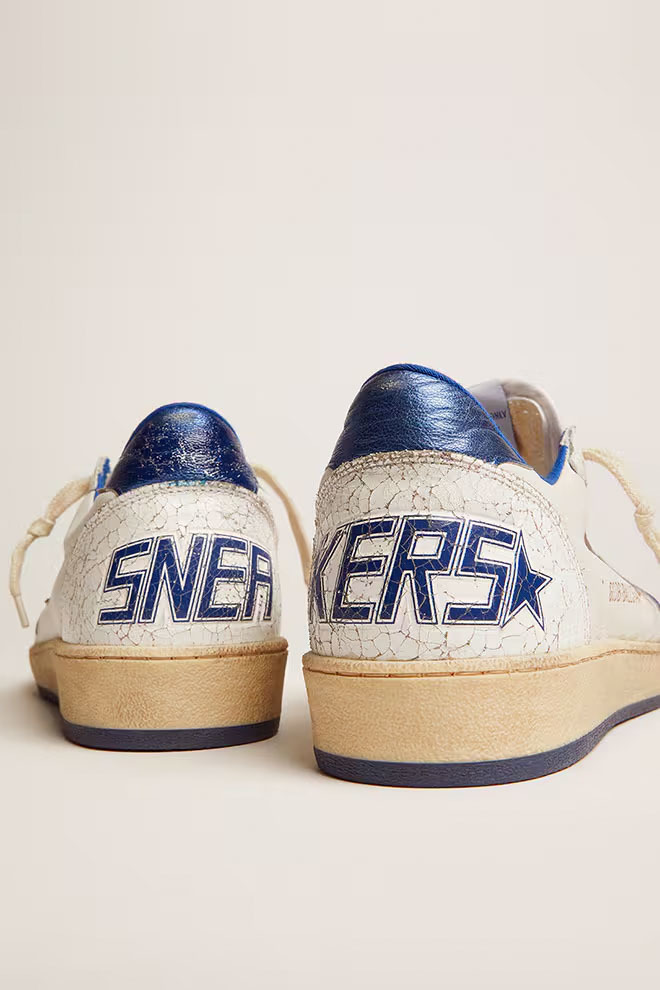 Golden Goose GGDB Women's Ball Star in white nappa with bright blue metallic leather star heel tab
