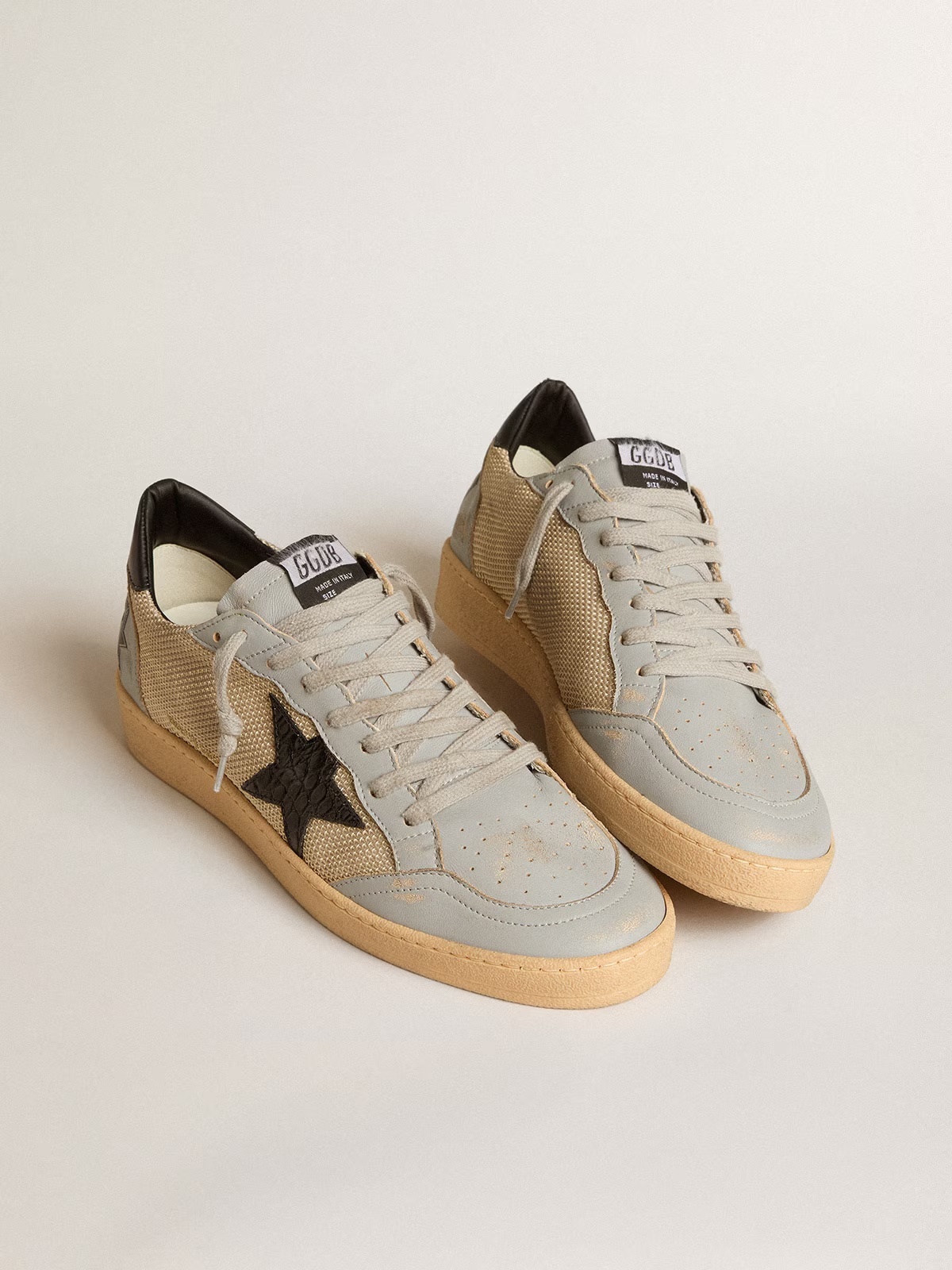 Golden Goose GGDB Men's Ball Star LTD in beige mesh with croc-print leather star and nappa inserts