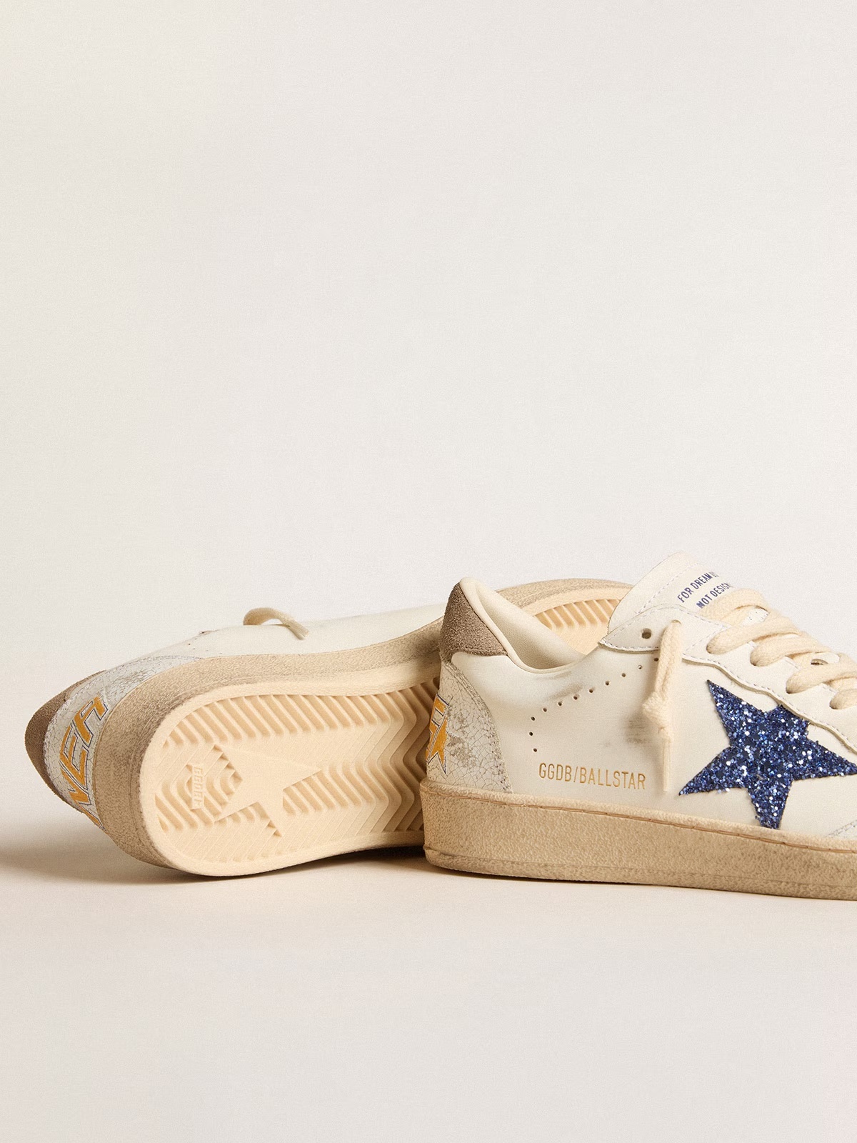 Golden Goose GGDB Ball Star with blue glitter star and dove-gray suede heel tab