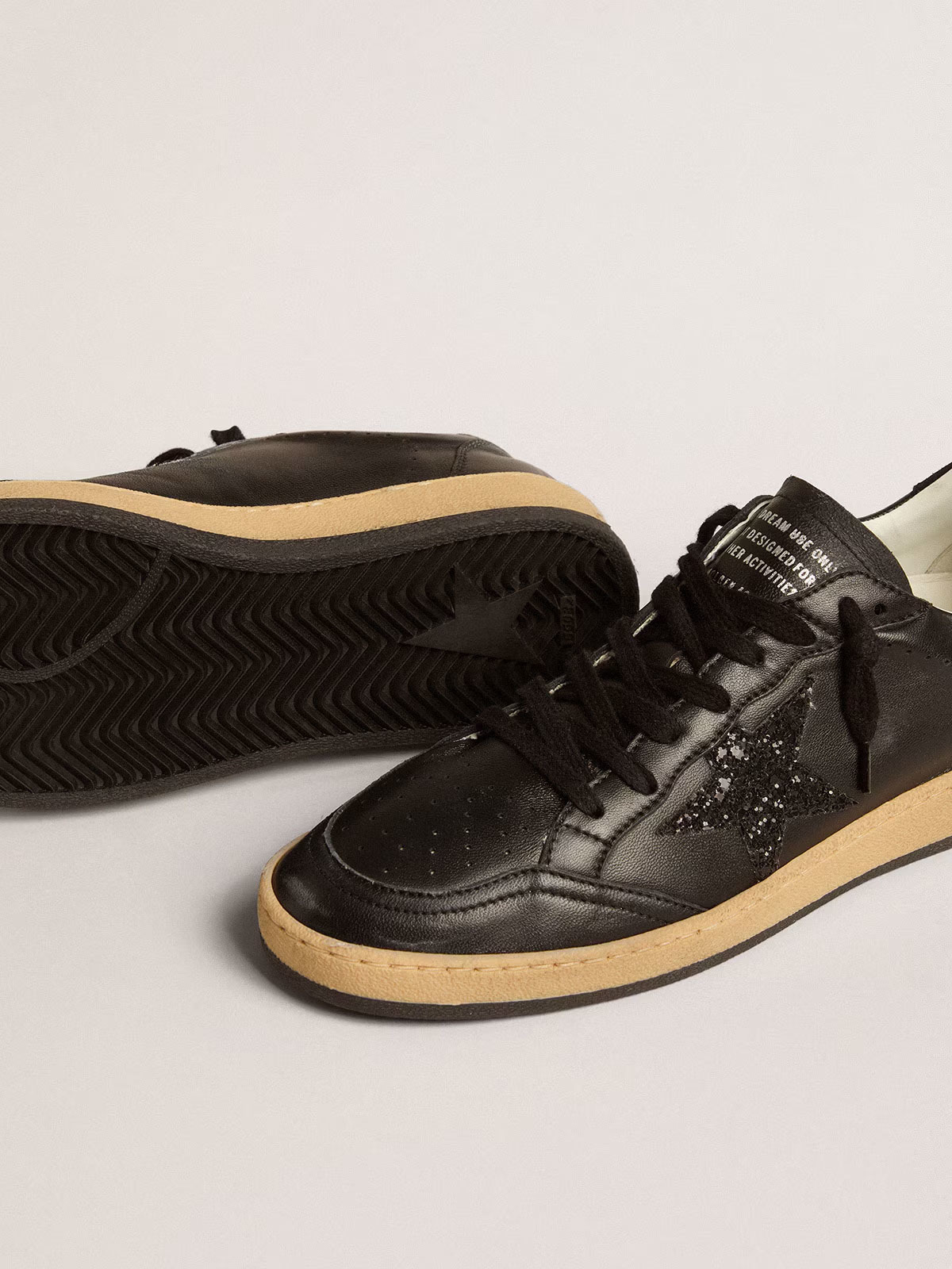Golden Goose GGDB Women's Ball Star in black nappa with black glitter star and suede heel tab