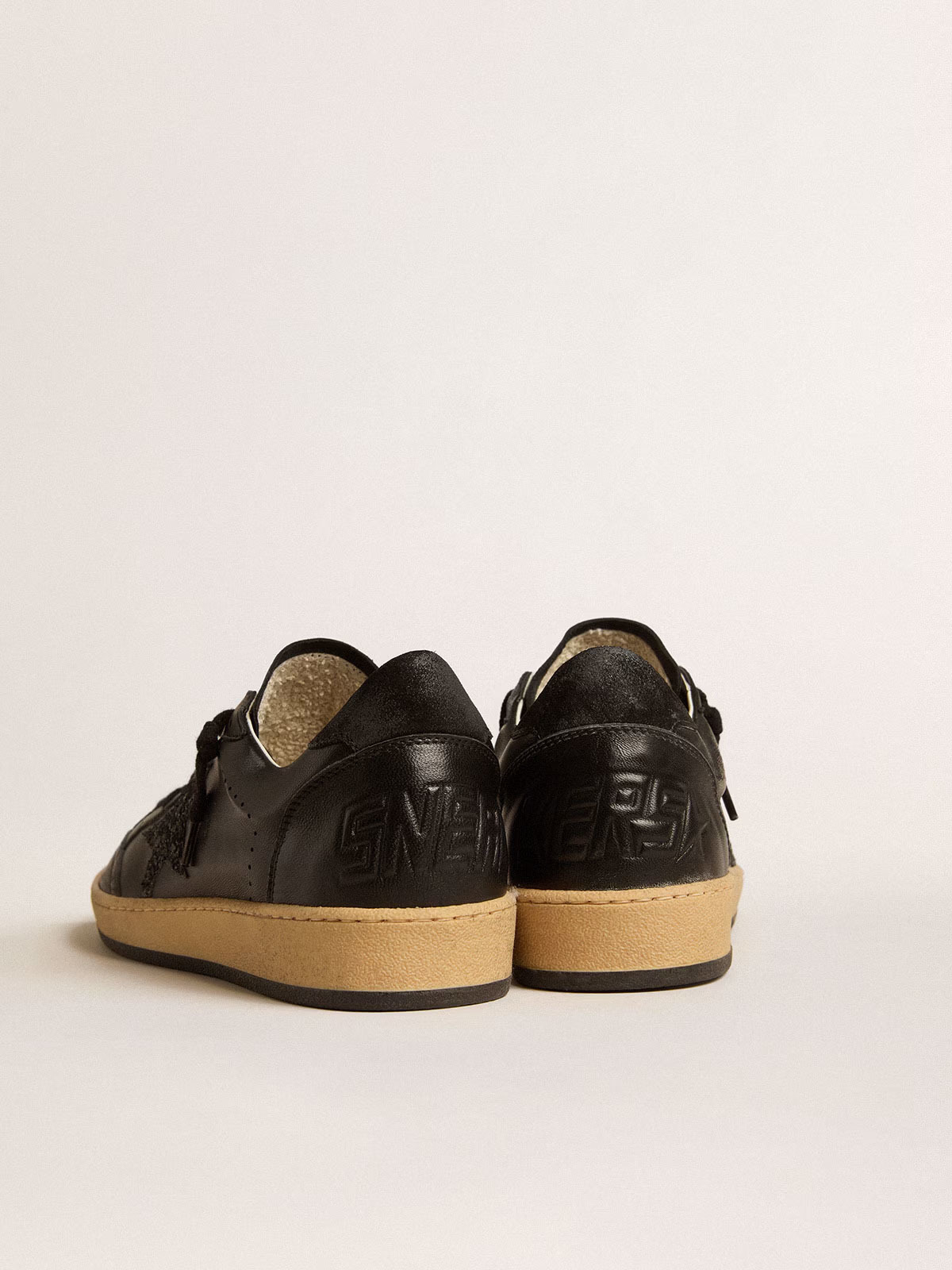 Golden Goose GGDB Women's Ball Star in black nappa with black glitter star and suede heel tab