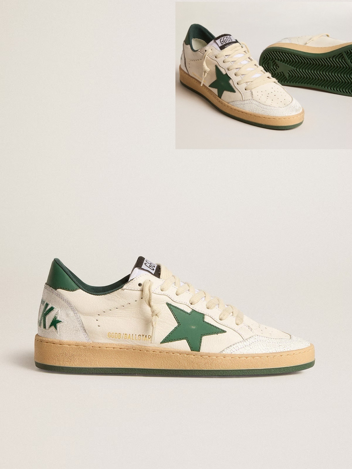 Golden Goose GGDB Men's Ball Star Wishes in white nappa leather with green leather star and heel tab