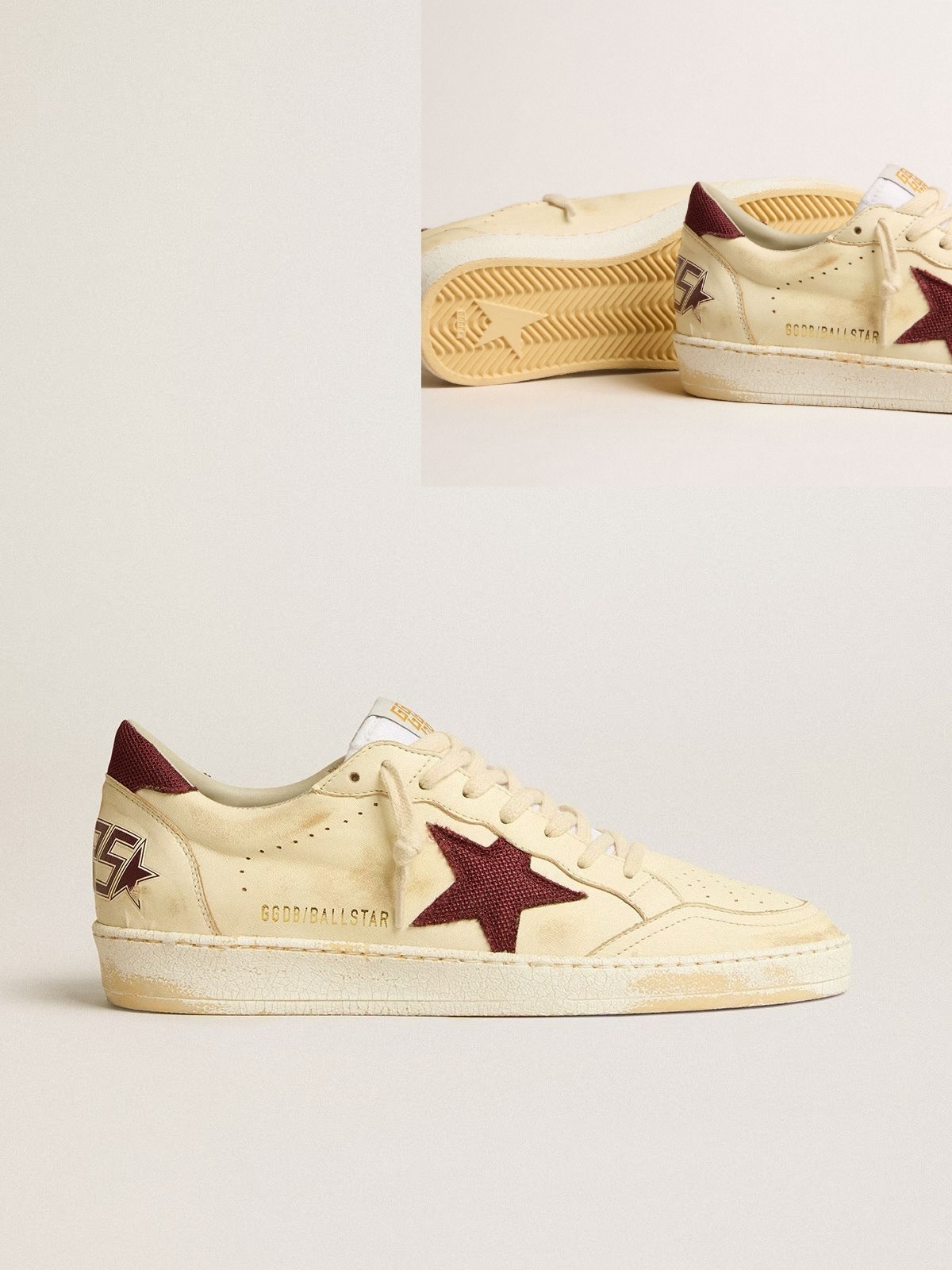Golden Goose GGDB Men's Ball Star in beige nappa with burgundy mesh star and heel tab