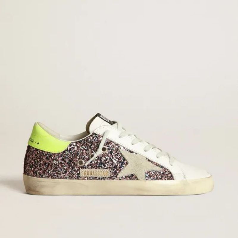 Golden Goose GGDB Super-Star sneakers in gray and pink glitter with ice-gray suede star and fluorescent yellow leather