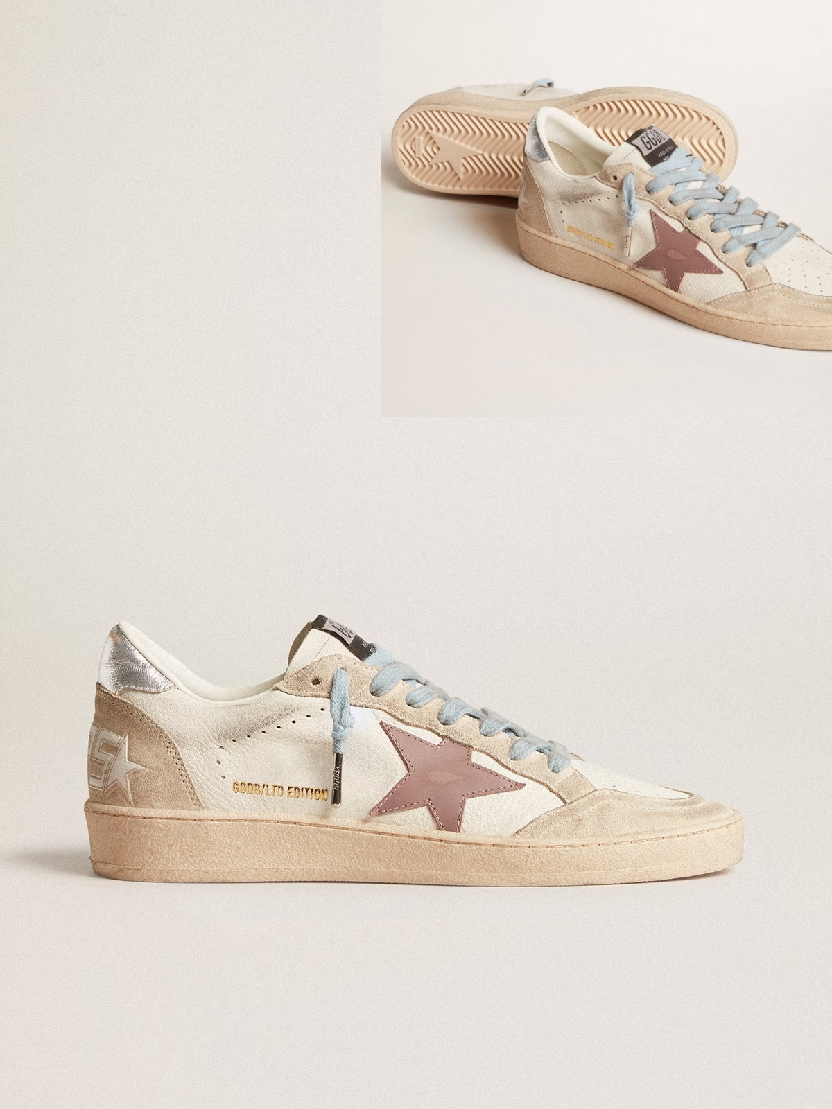Golden Goose GGDB Ball Star LTD in white nappa and pearl suede with mauve leather star