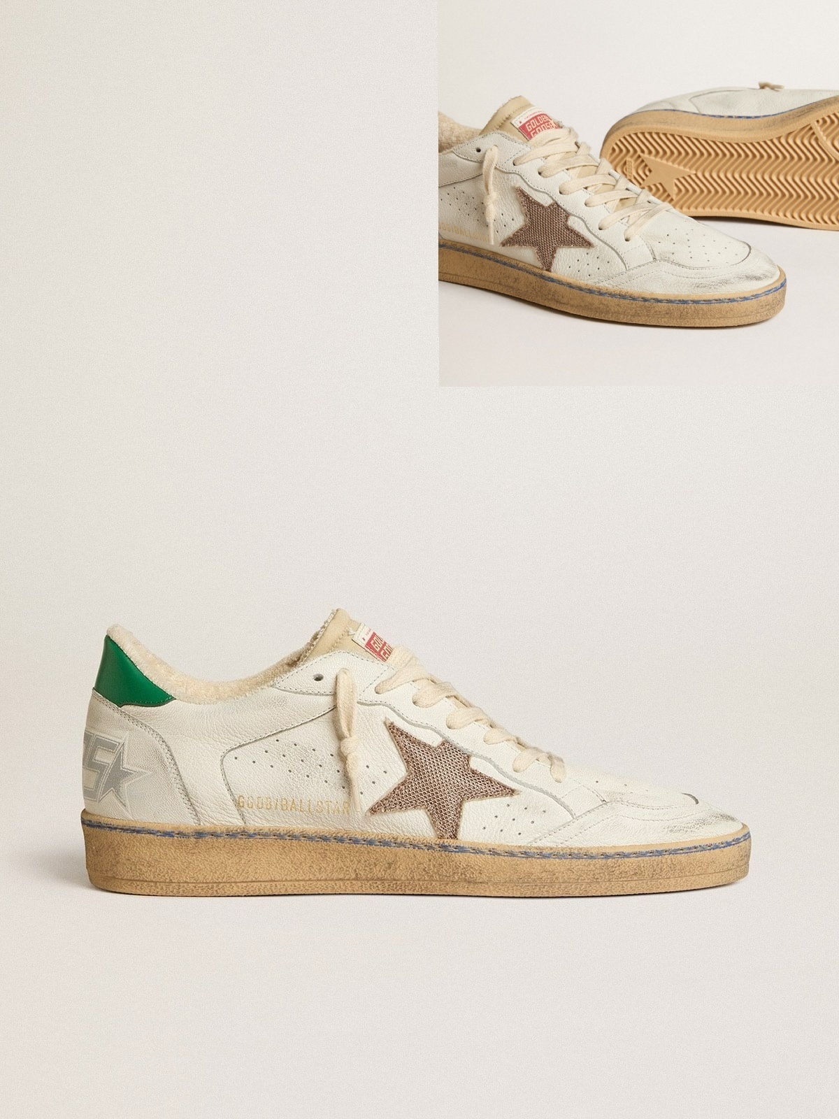 Golden Goose GGDB Ball Star LTD with sand mesh star and green leather heel tab