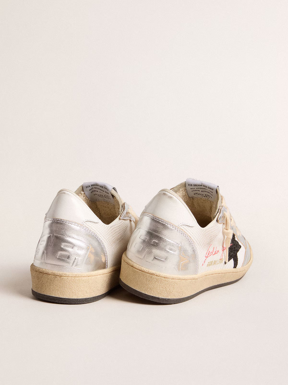 Golden Goose GGDB Ball Star in white mesh with black glitter star and silver inserts