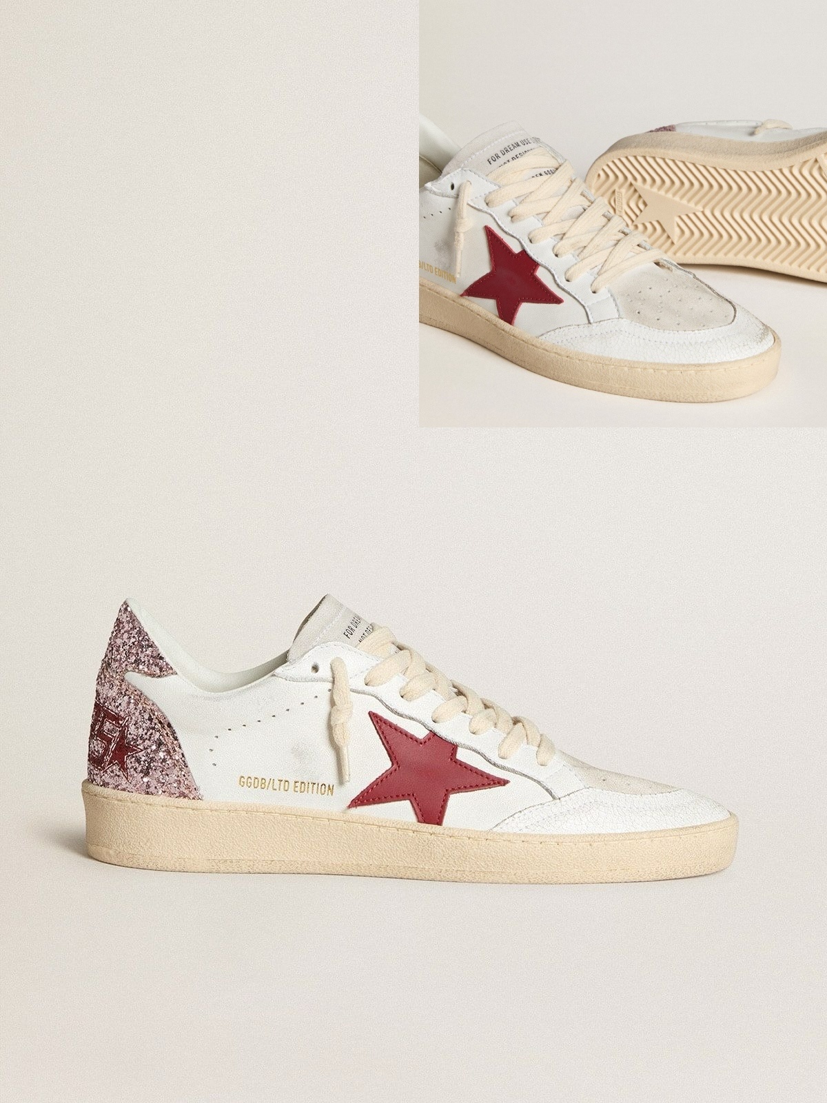 Golden Goose GGDB Women's Ball Star LTD with red leather star and pink glitter heel tab