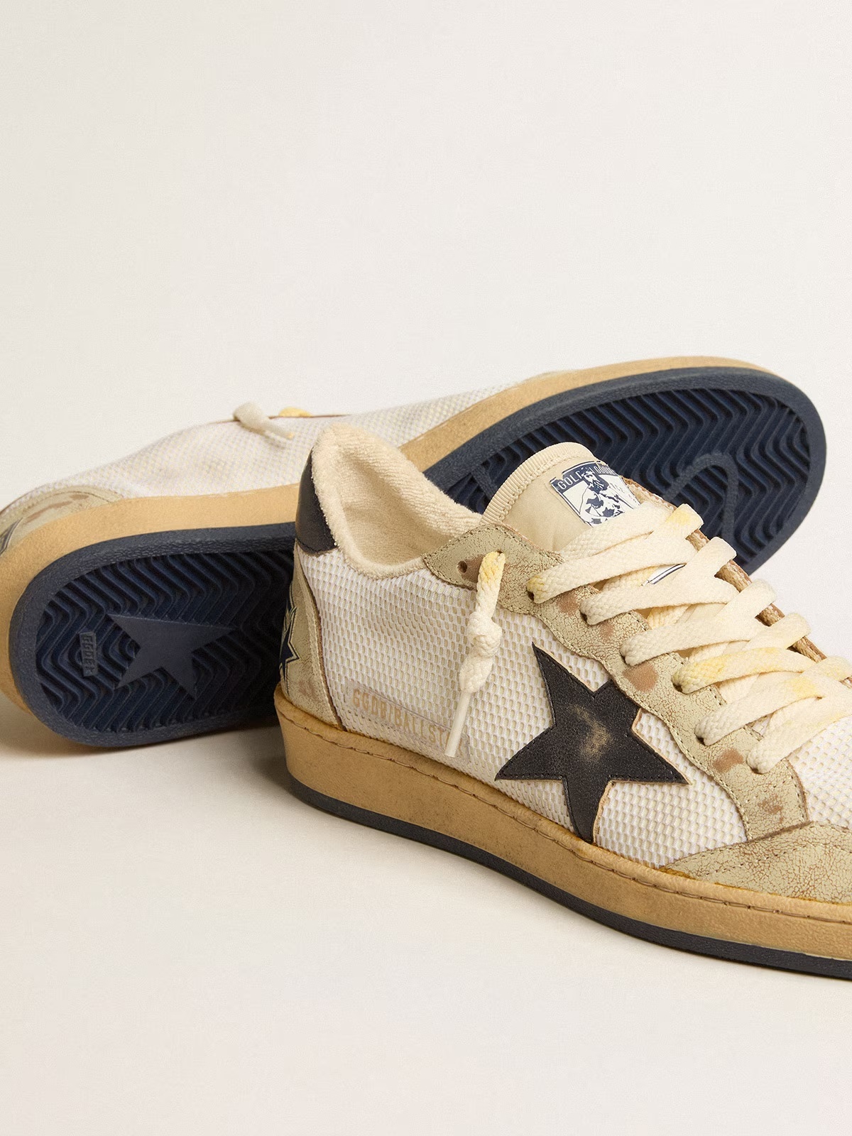 Golden Goose GGDB Ball Star in white mesh with vintage blue leather star and heel tab