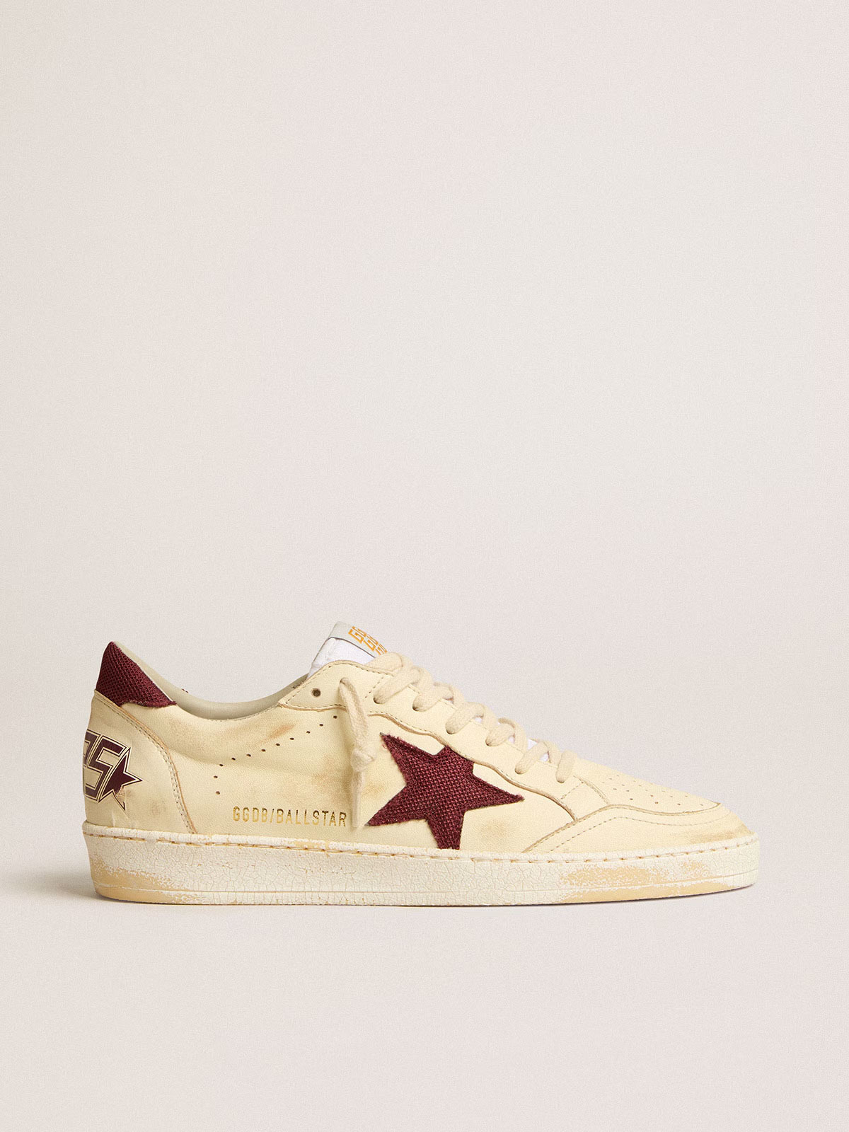 Golden Goose GGDB Men's Ball Star in beige nappa with burgundy mesh star and heel tab
