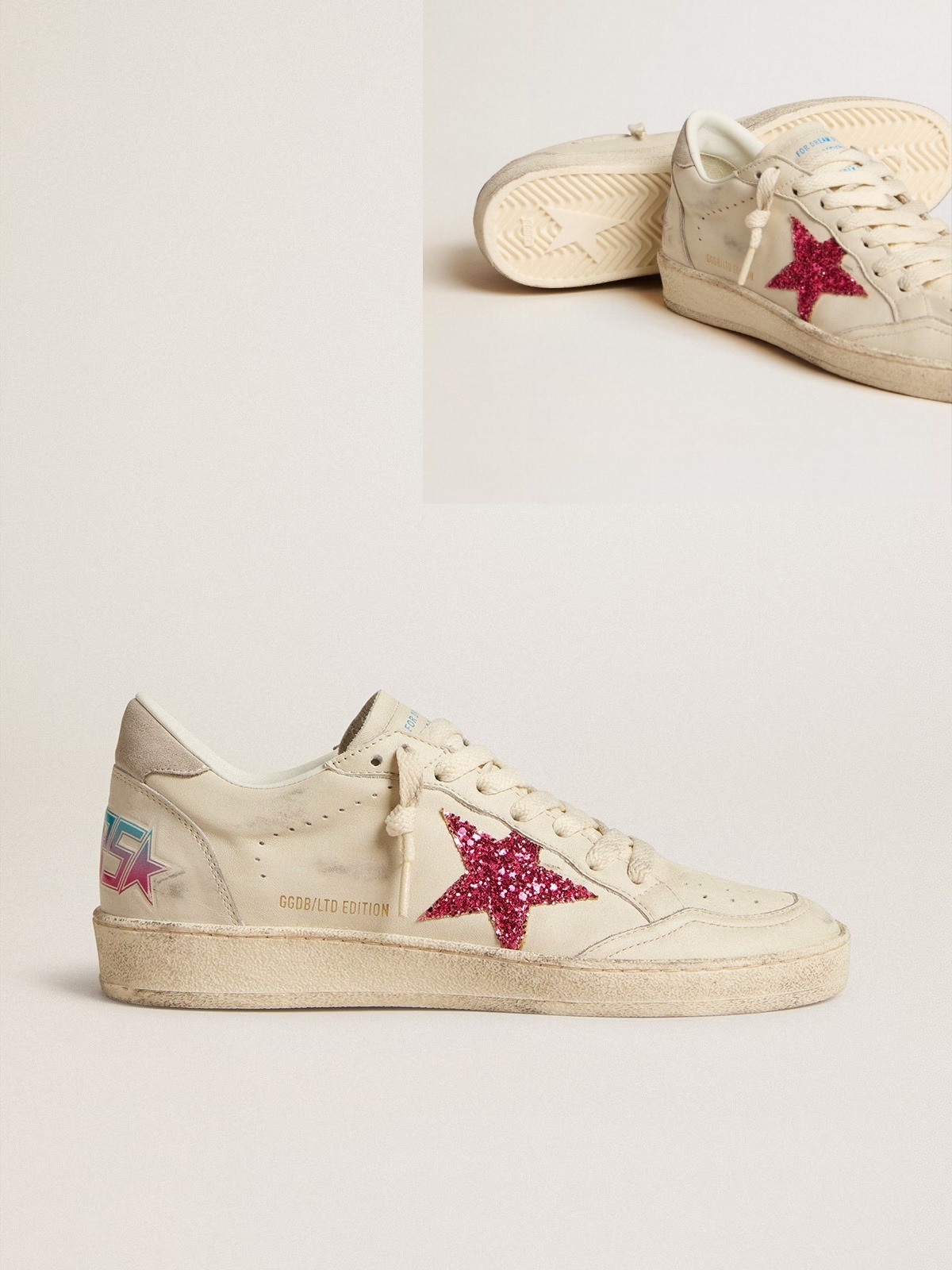 Golden Goose GGDB Ball Star LTD with fuchsia glitter star and light gray suede heel tab