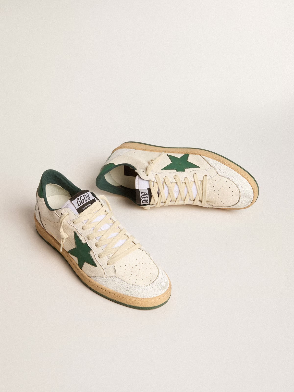 Golden Goose GGDB Men's Ball Star Wishes in white nappa leather with green leather star and heel tab