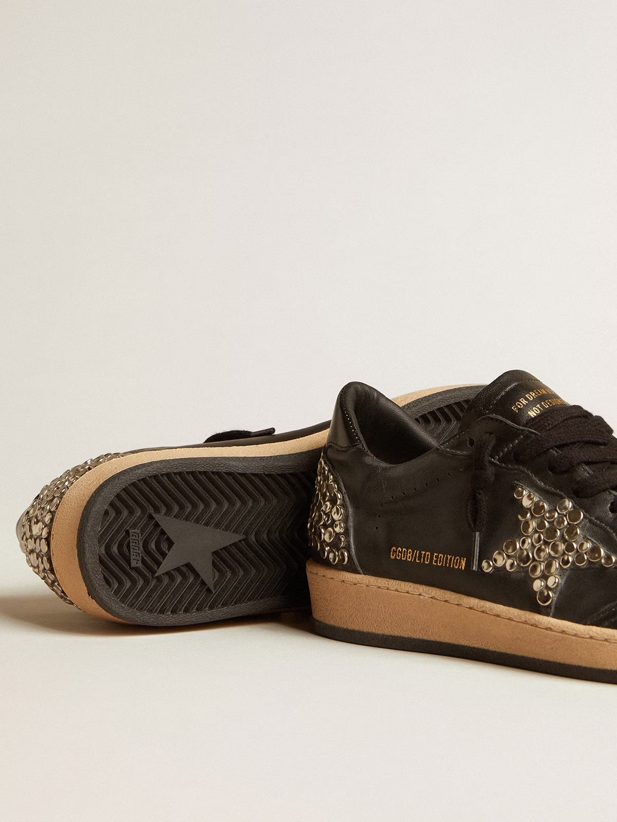 Golden Goose GGDB Men's Ball Star LAB in black nappa with studded black leather star