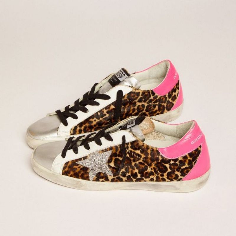 Golden Goose GGDB Super-Star sneakers in leopard-print pony skin with silver glitter star