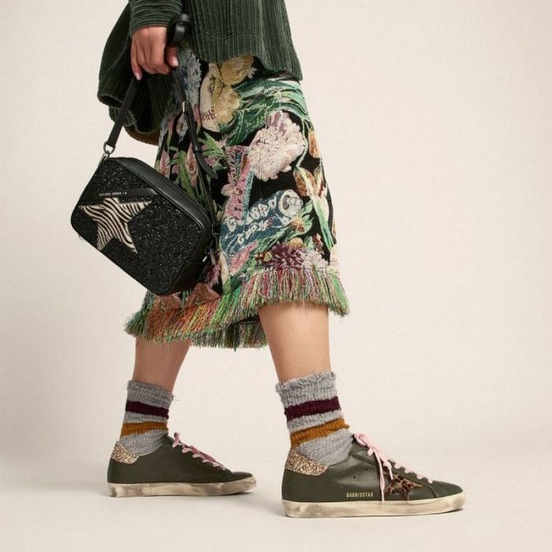 Golden Goose GGDB Super-Star sneakers in dark green leather with gold glitter heel tab