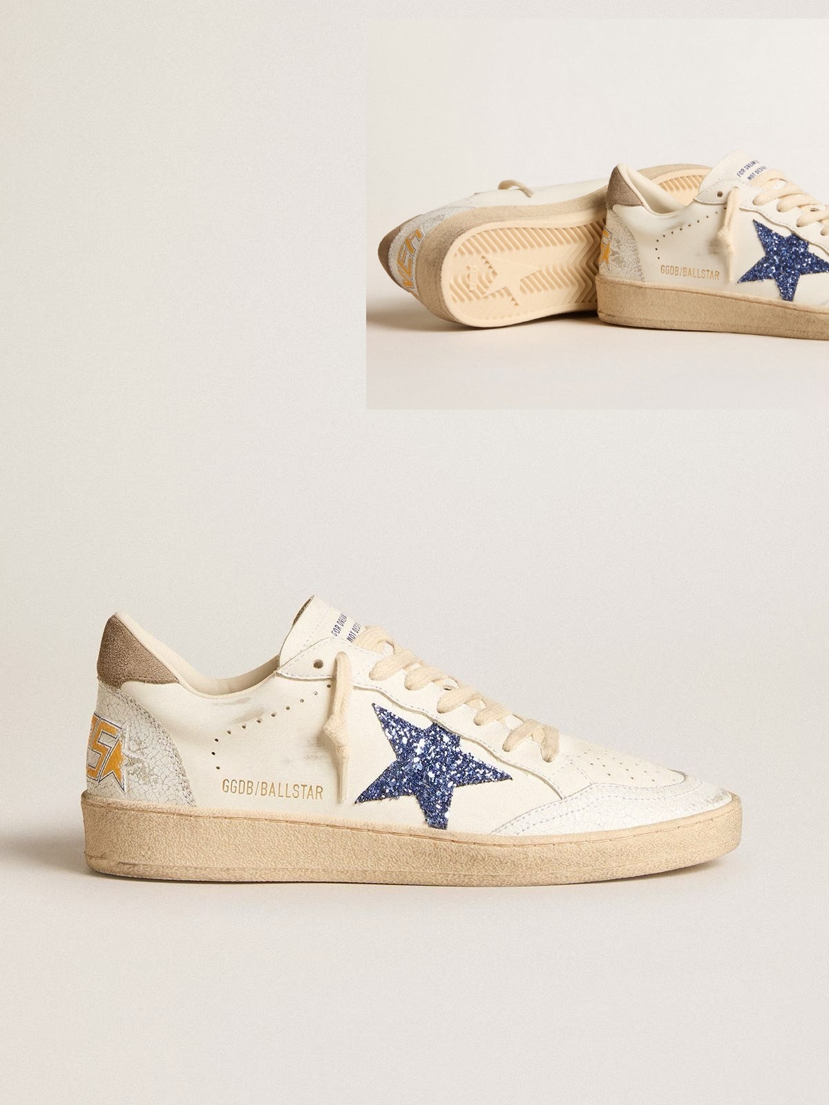 Golden Goose GGDB Ball Star with blue glitter star and dove-gray suede heel tab