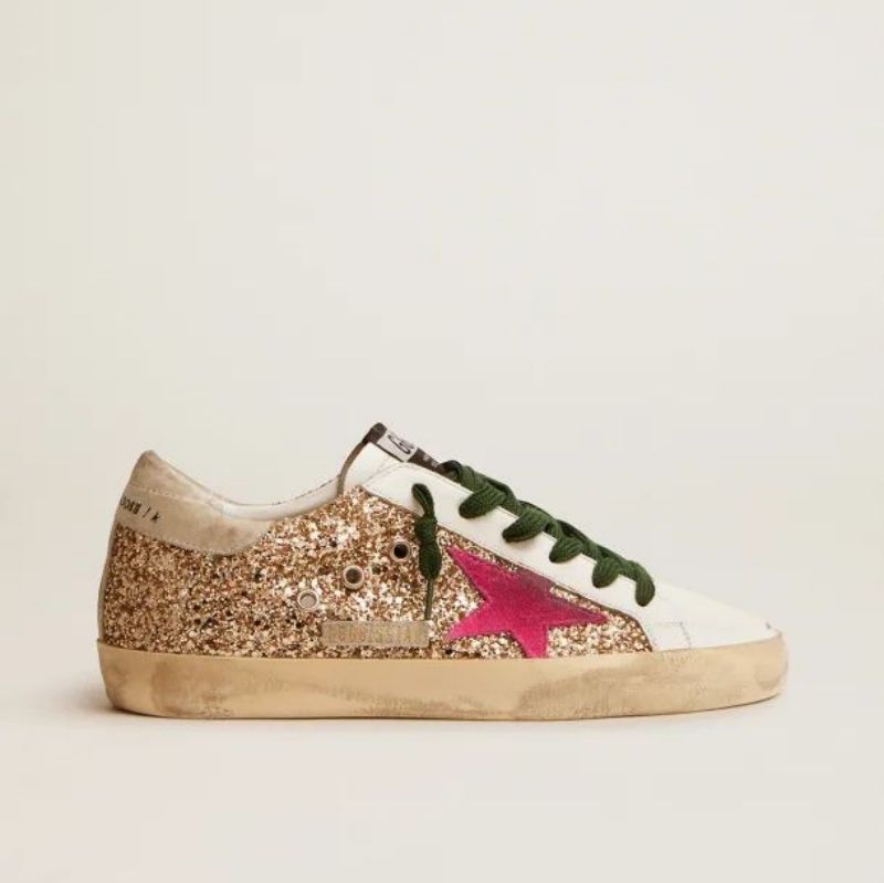 Golden Goose GGDB Super-Star sneakers in gold glitter with fluorescent pink suede star