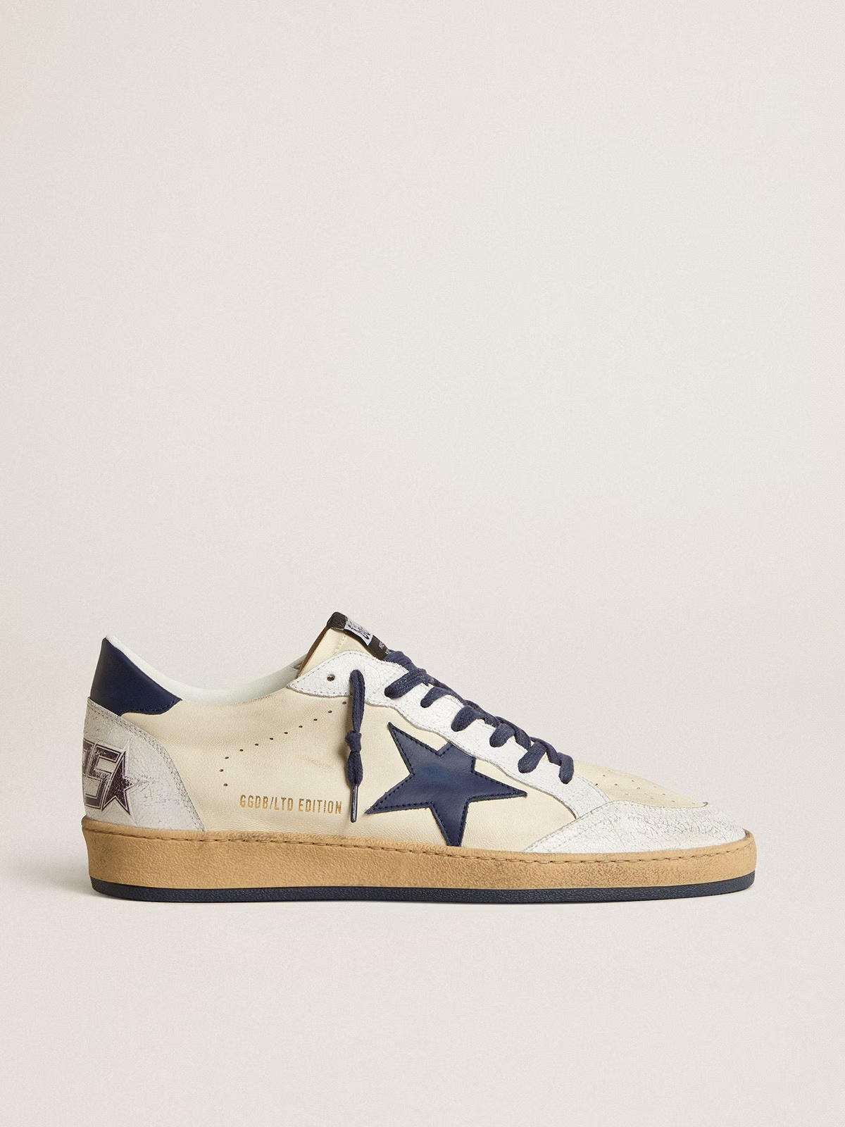Golden Goose GGDB Men's Ball Star LTD in cream nappa with blue leather star and heel tab5