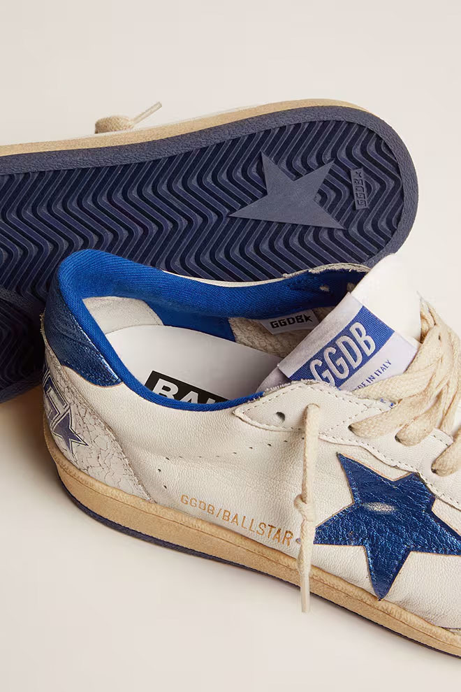 Golden Goose GGDB Women's Ball Star in white nappa with bright blue metallic leather star heel tab