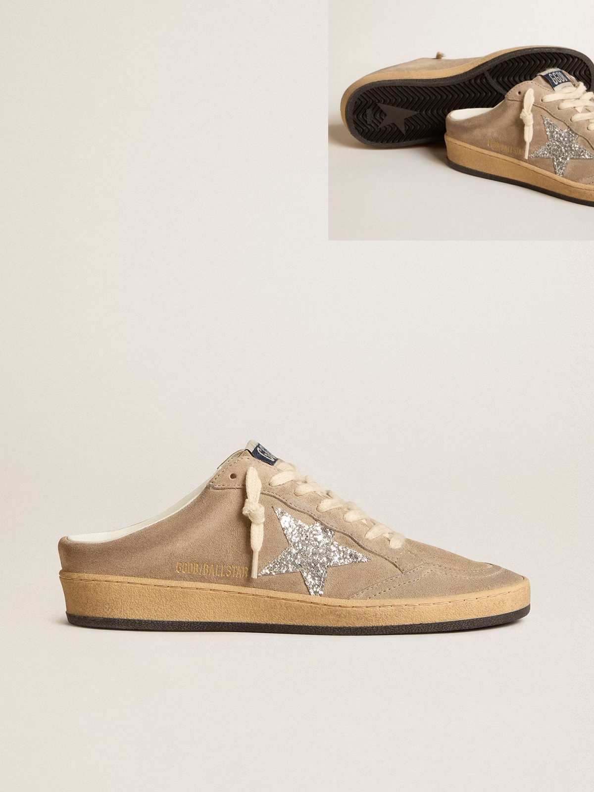 Golden Goose GGDB Ball Star Sabots in dove-gray suede with silver glitter star