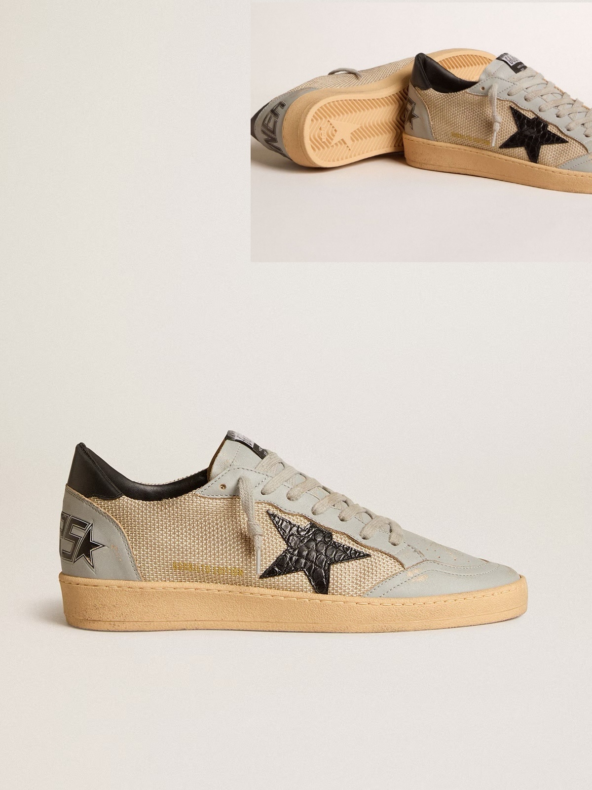 Golden Goose GGDB Men's Ball Star LTD in beige mesh with croc-print leather star and nappa inserts