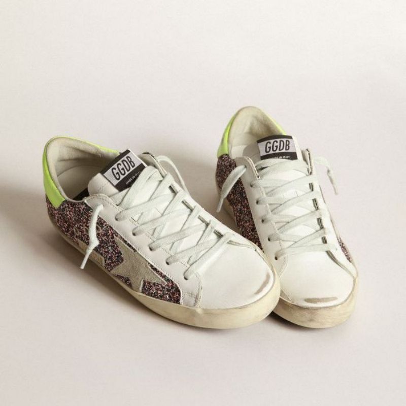Golden Goose GGDB Super-Star sneakers in gray and pink glitter with ice-gray suede star and fluorescent yellow leather