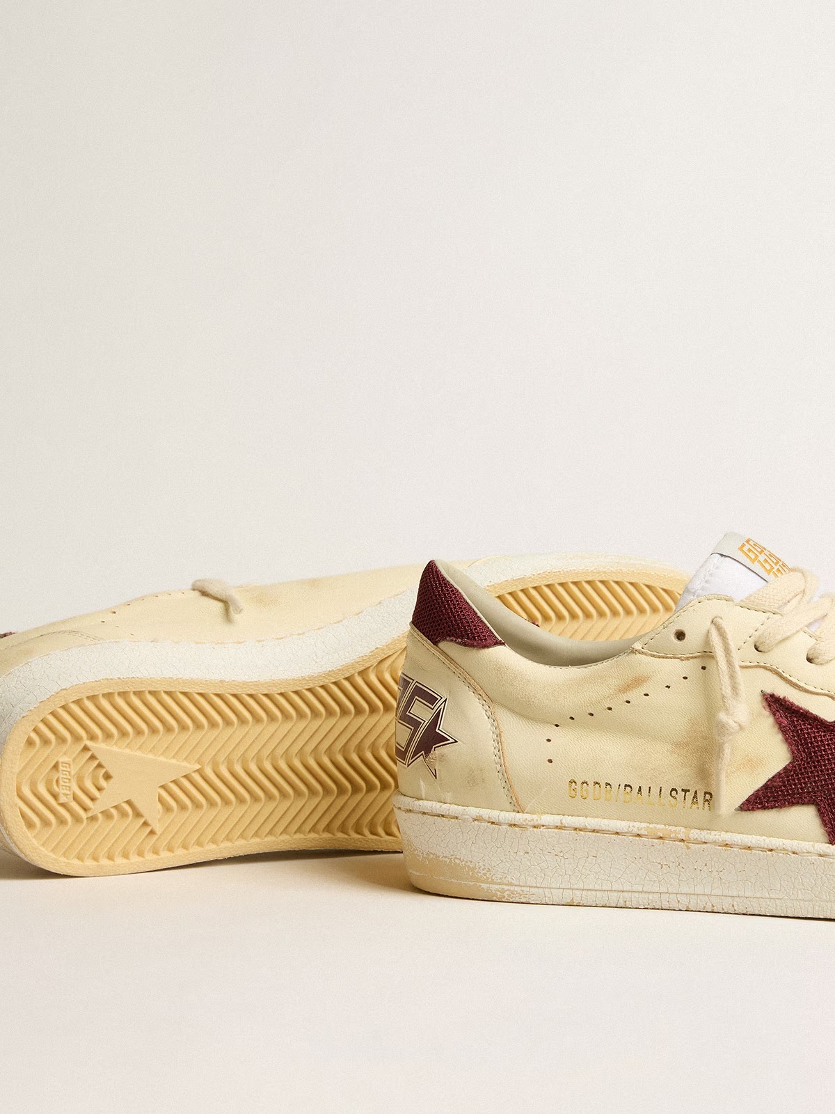 Golden Goose GGDB Men's Ball Star in beige nappa with burgundy mesh star and heel tab