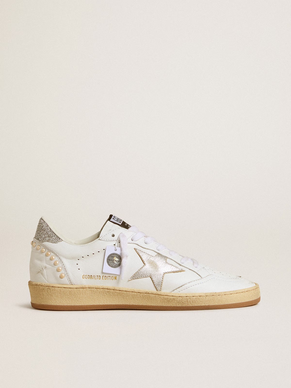 Golden Goose GGDB White Ball Star with a silver star and Swarovski crystal heel tab with pearls