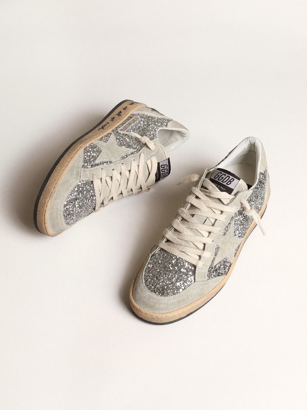 Golden Goose GGDB Ball Star in silver glitter with ice-gray suede inserts