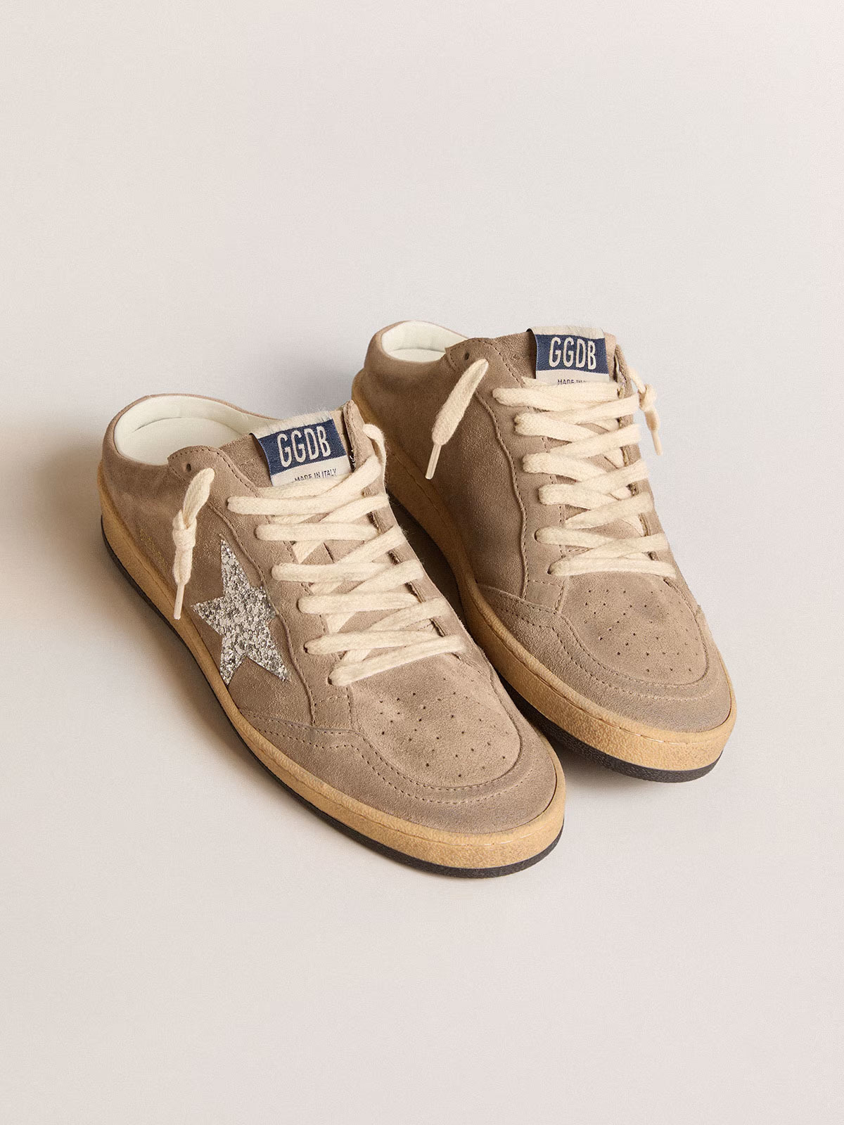 Golden Goose GGDB Ball Star Sabots in dove-gray suede with silver glitter star