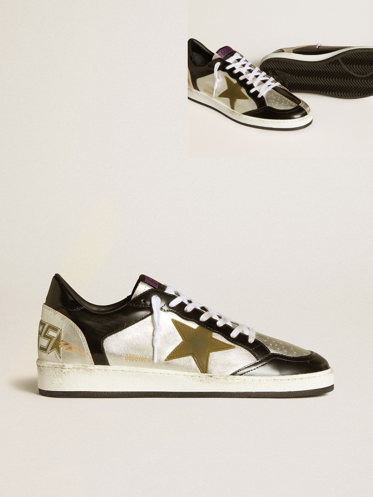 Golden Goose GGDB Men's Ball Star LAB in silver leather with brown leather star and black heel tab