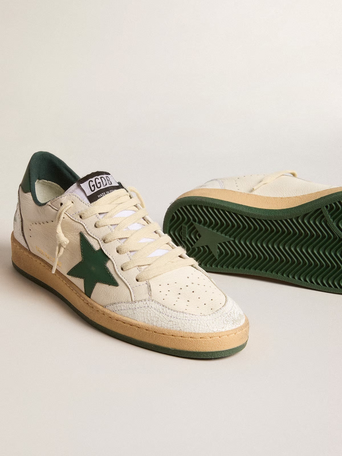 Golden Goose GGDB Men's Ball Star Wishes in white nappa leather with green leather star and heel tab