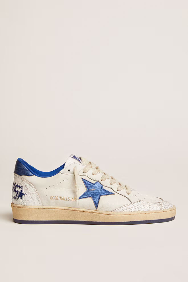 Golden Goose GGDB Women's Ball Star in white nappa with bright blue metallic leather star heel tab