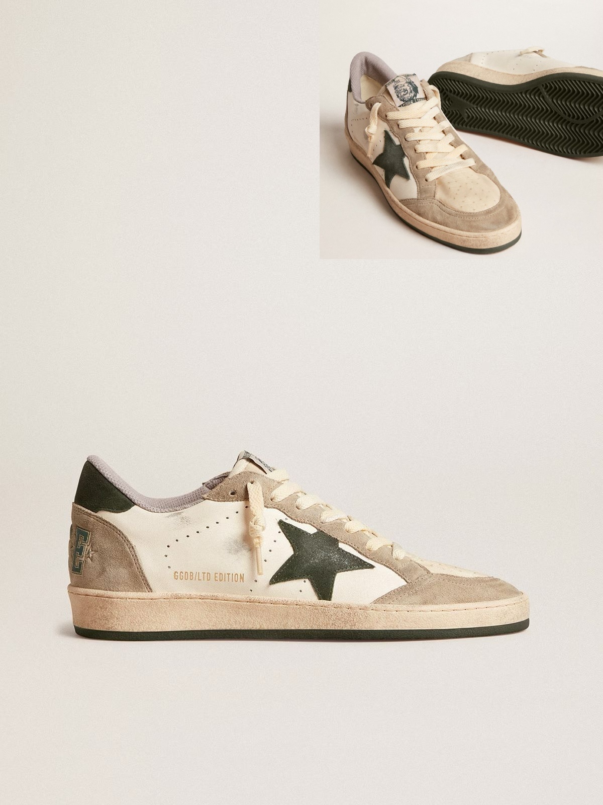 Golden Goose GGDB Men's Ball Star LTD in nappa with green star and dove-gray suede inserts