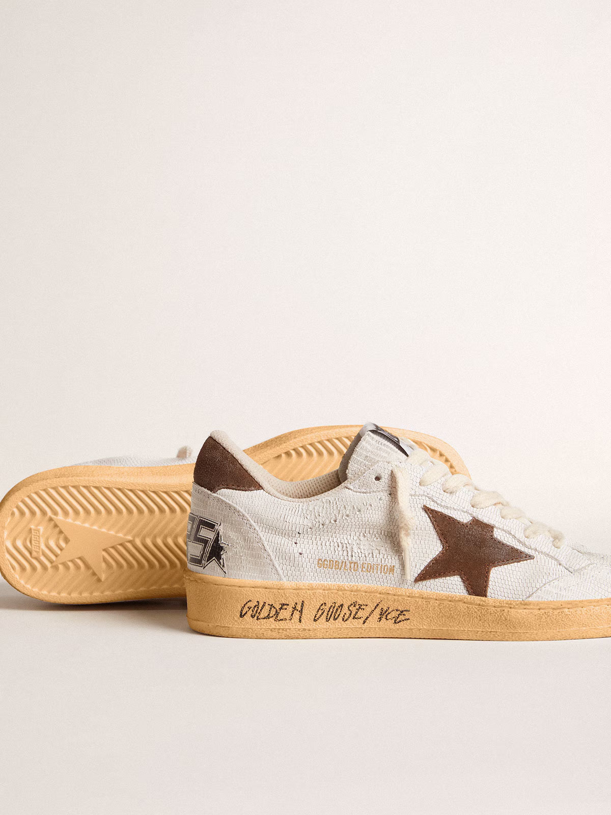 Golden Goose GGDB Women's Ball Star in white nubuck leather with brown suede star and heel tab