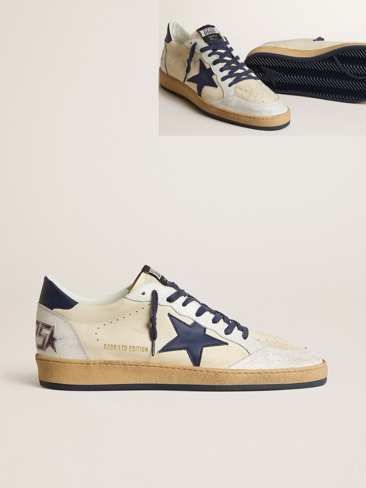 Golden Goose GGDB Men's Ball Star LTD in cream nappa with blue leather star and heel tab5