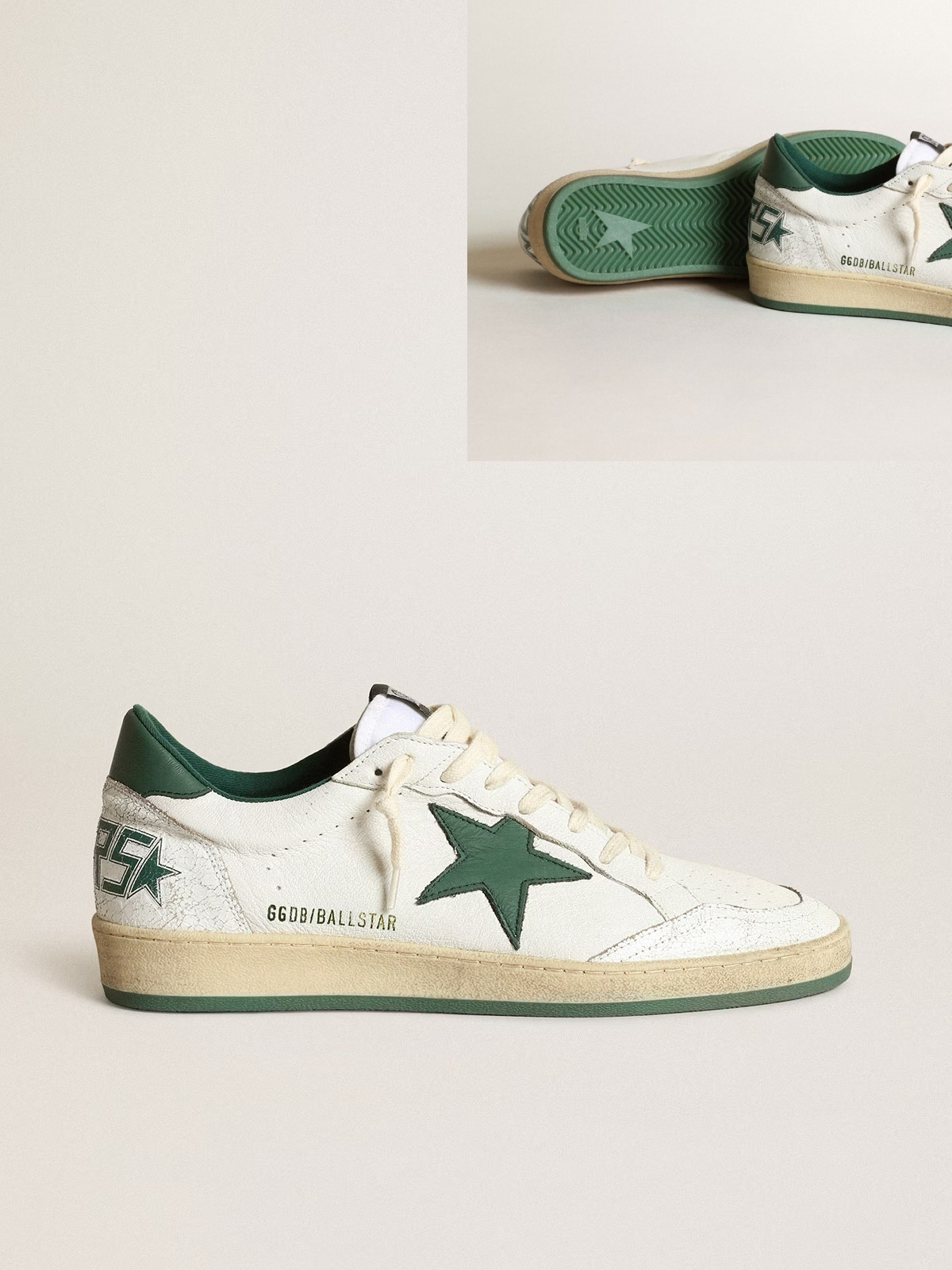 Golden Goose GGDB Women's Ball Star in white nappa leather with green leather star and heel tab