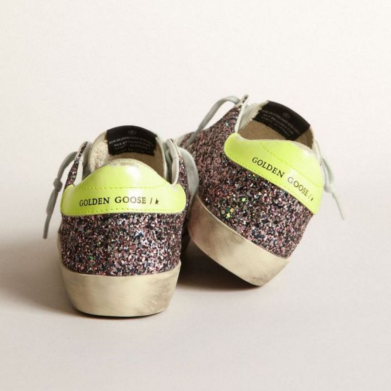 Golden Goose GGDB Super-Star sneakers in gray and pink glitter with ice-gray suede star and fluorescent yellow leather