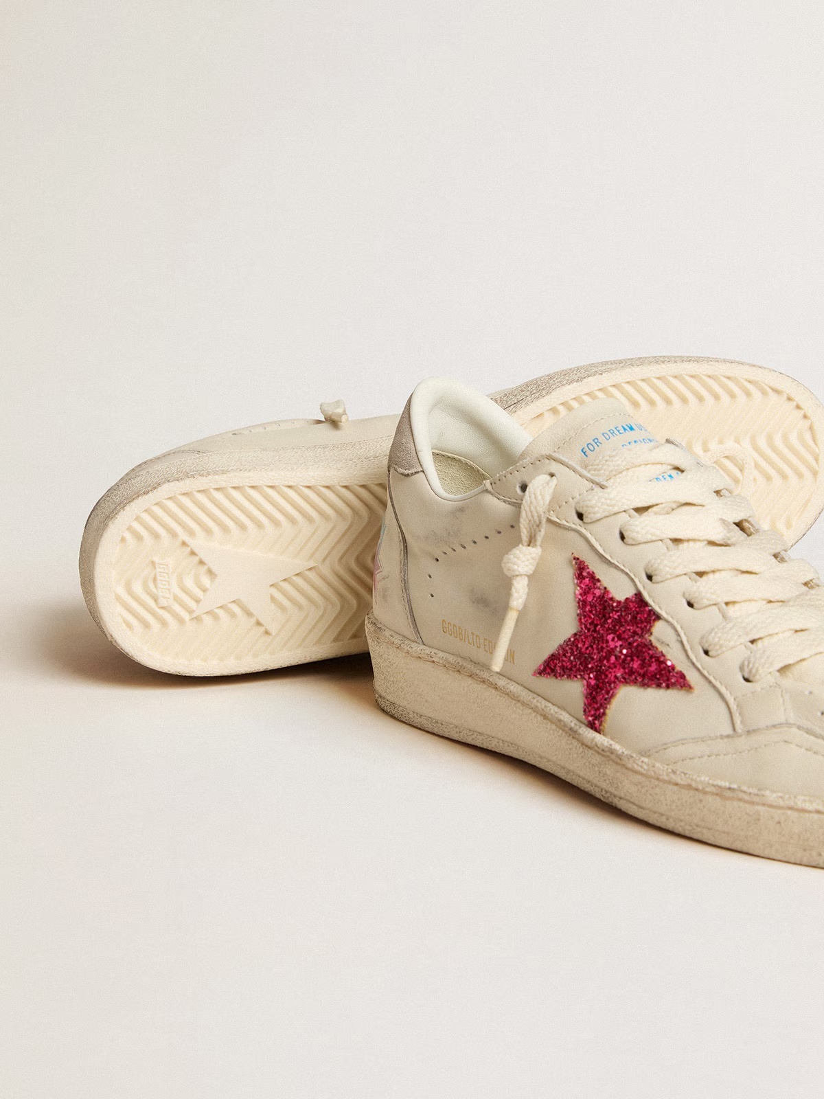 Golden Goose GGDB Ball Star LTD with fuchsia glitter star and light gray suede heel tab