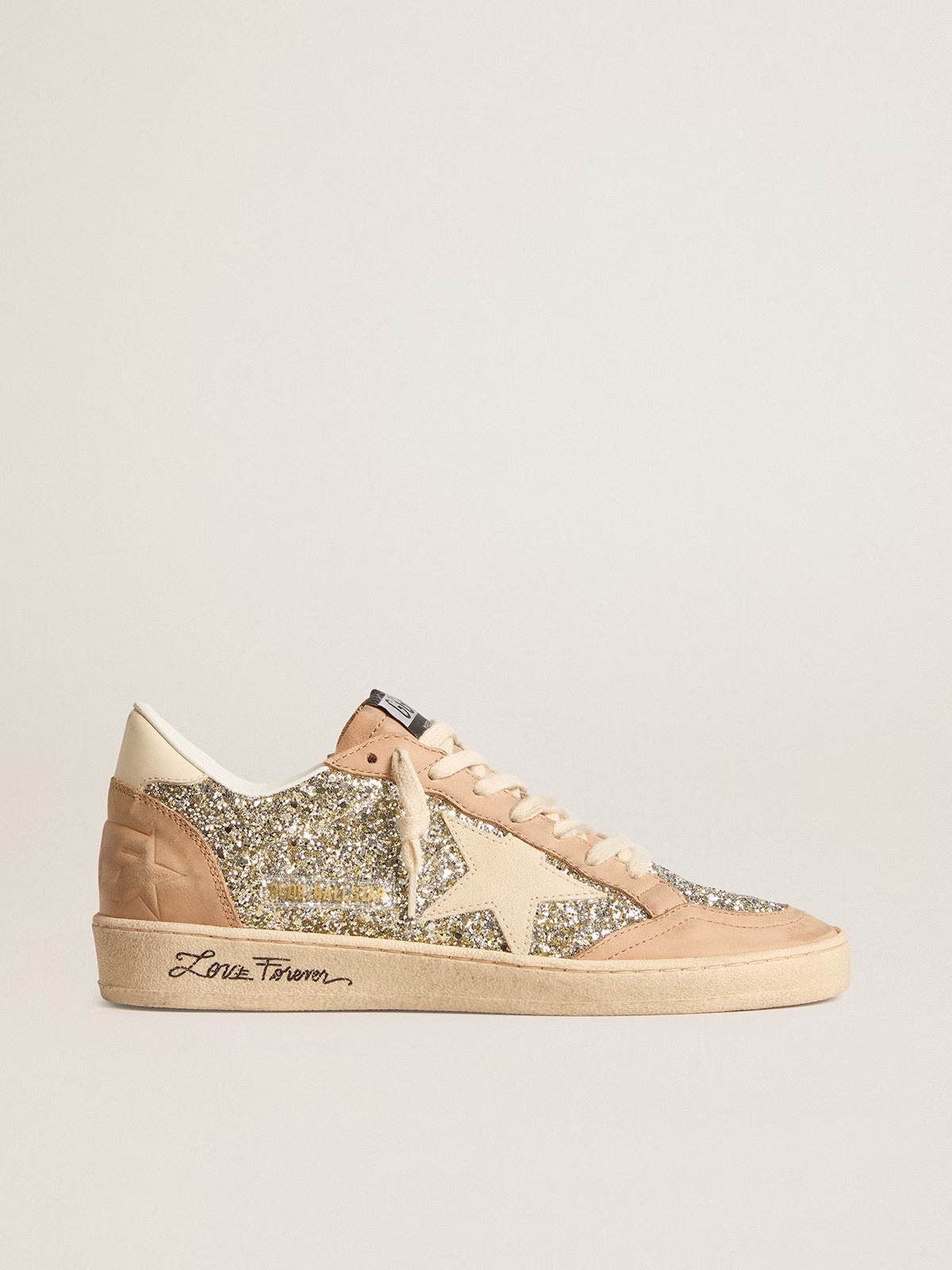Golden Goose GGDB Women's Ball Star in platinum glitter with cream leather star and nubuck toe