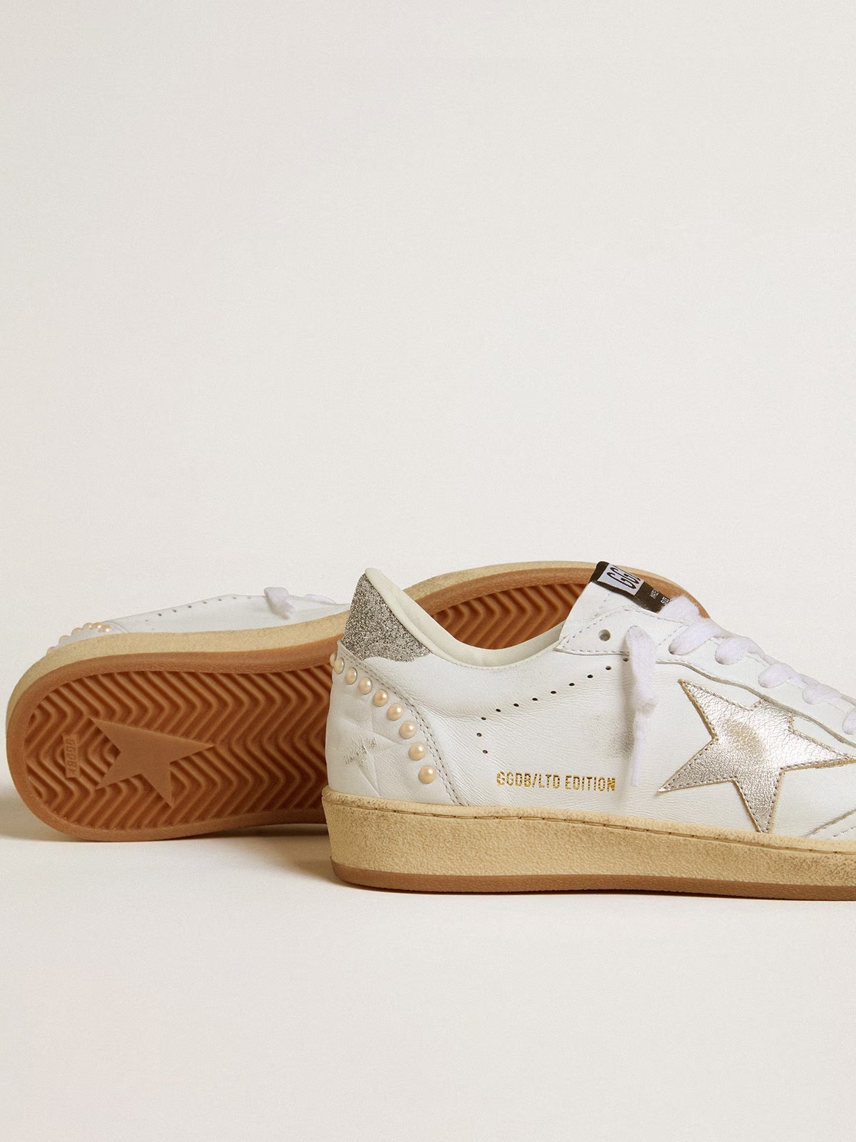 Golden Goose GGDB White Ball Star with a silver star and Swarovski crystal heel tab with pearls