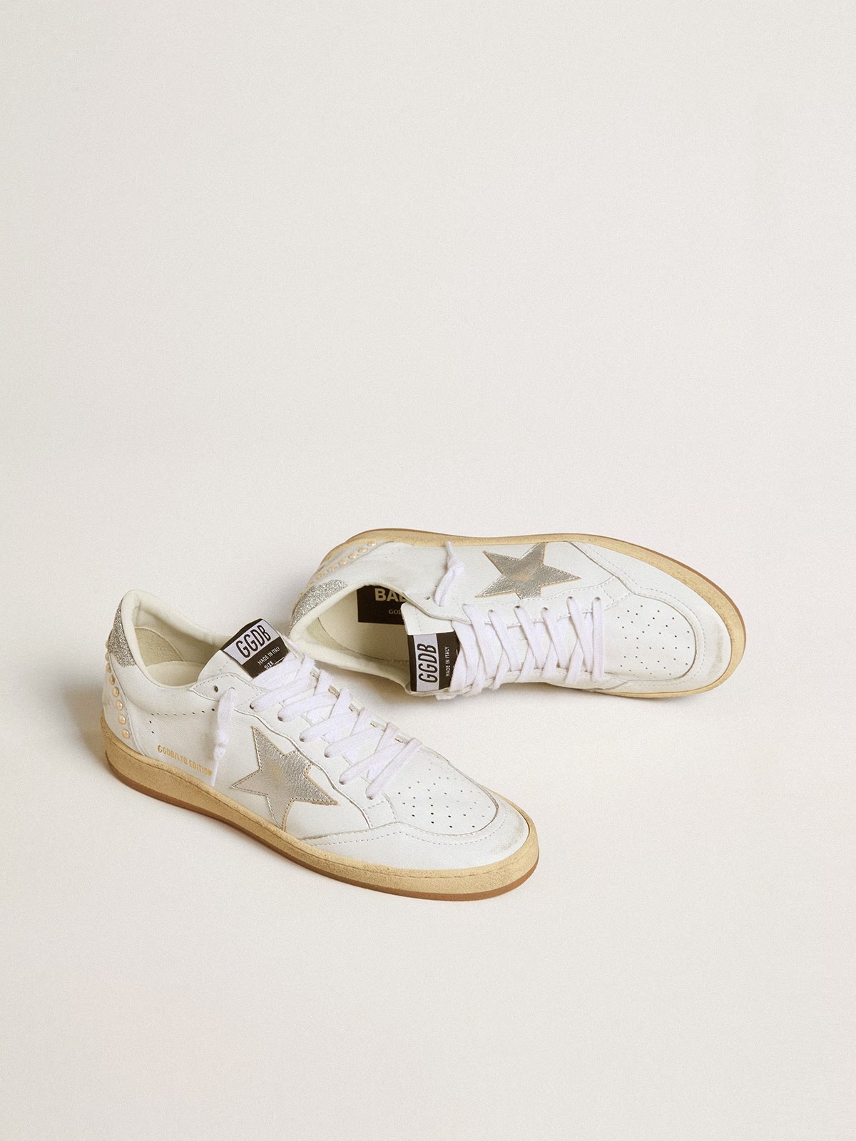 Golden Goose GGDB White Ball Star with a silver star and Swarovski crystal heel tab with pearls
