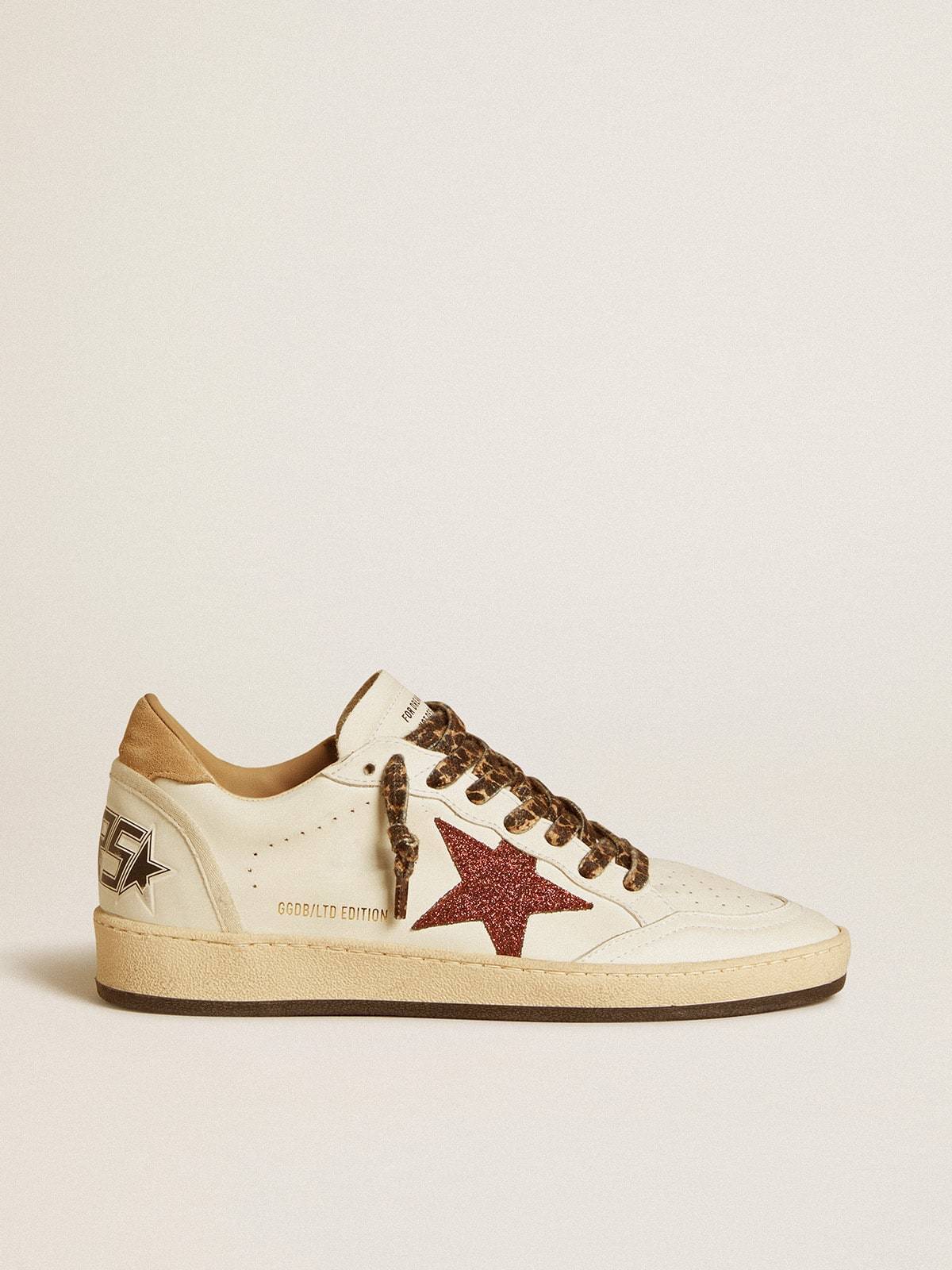 Golden Goose GGDB Women's Ball Star LTD with burgundy glitter star and beige suede heel tab