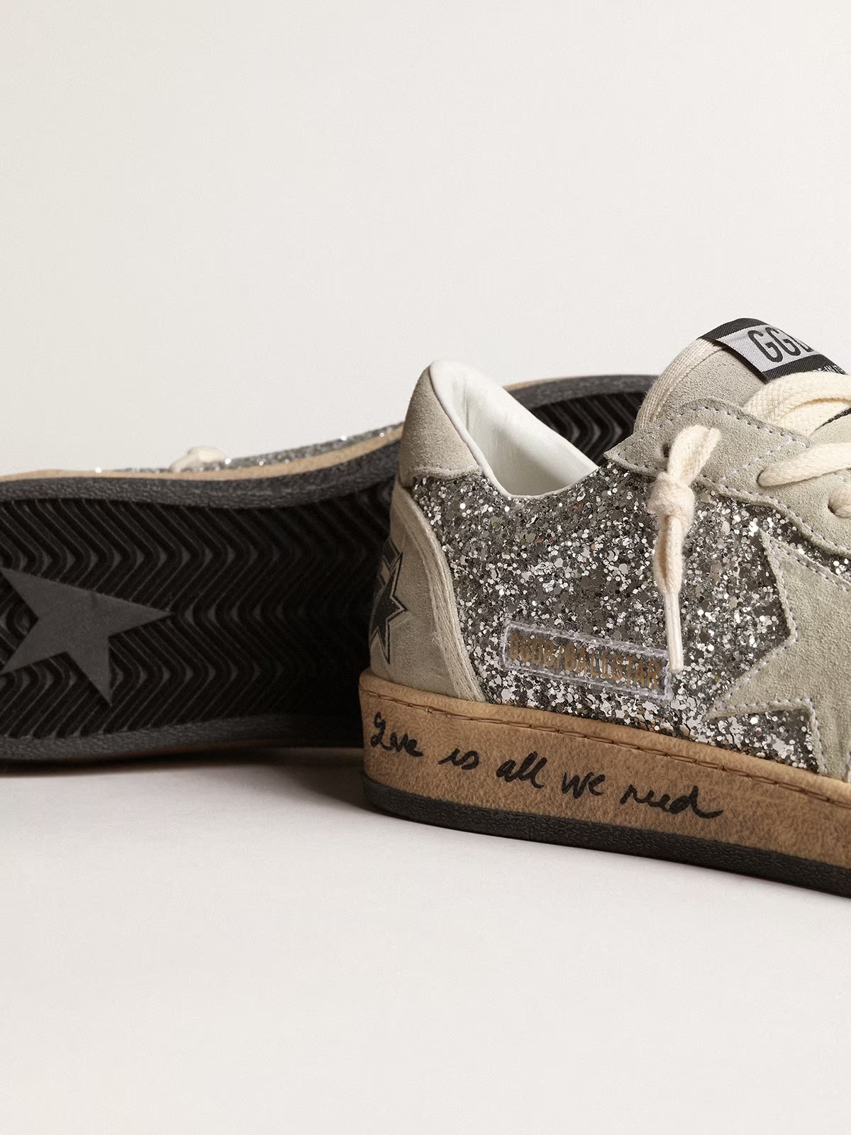 Golden Goose GGDB Ball Star in silver glitter with ice-gray suede inserts